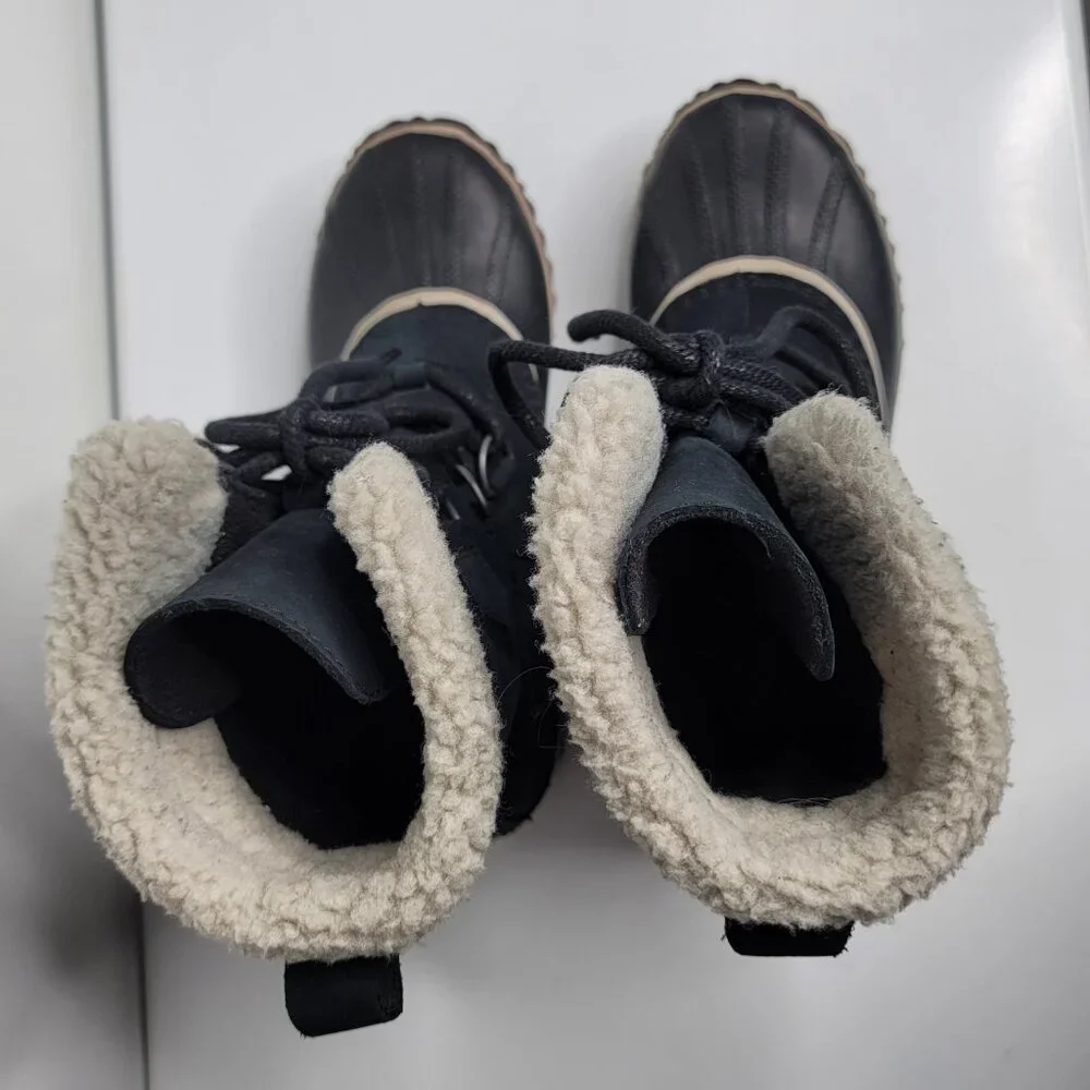 Sorel Caribou‎ Black Leather Boots Lace Up Womens 7 Faux Fur Winter NL2649-010